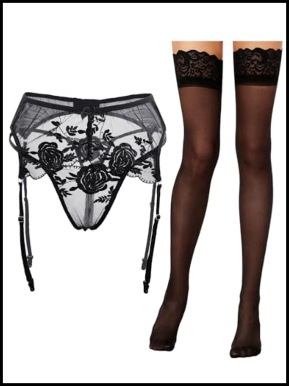 Women's Lace Garter Belt Sheer Thigh Highs Set 4 Metal Clips Mesh Thong